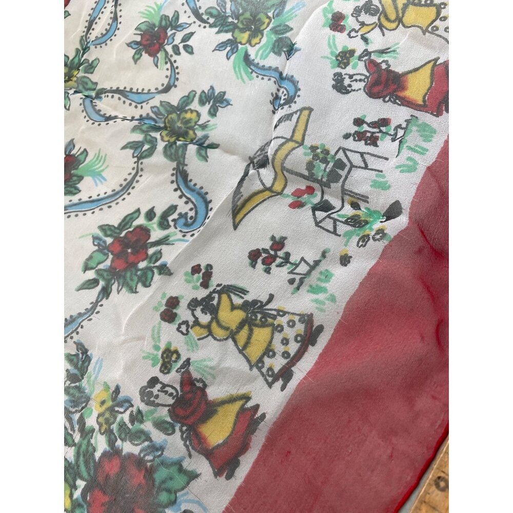 Vintage Floral Sheer Square Scarf Red White Folk Art Bandana Neck Wrap